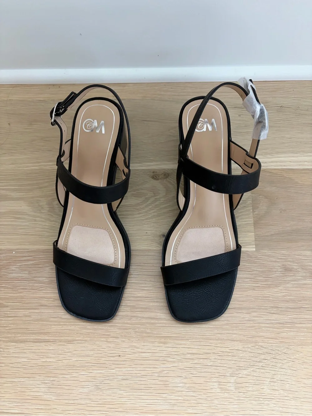 CM Black Strappy Slingback Block Heels for Women 7.5